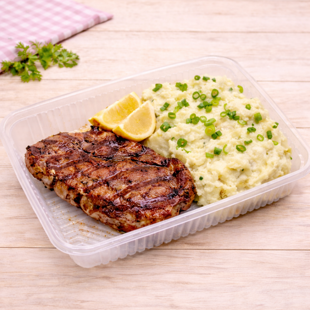 Churrasquito de cerdo al limon con pure y verdeo