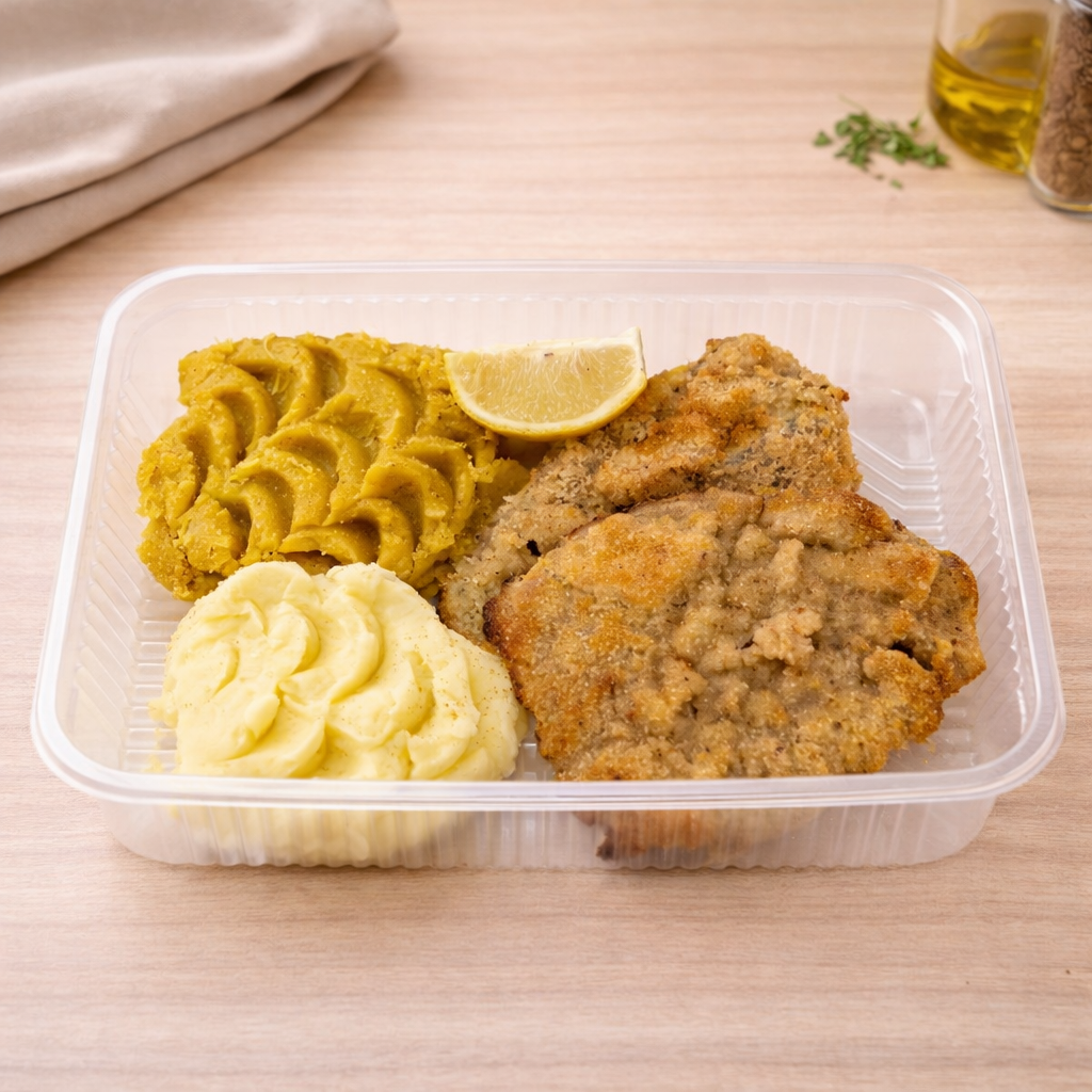 Milanesa de carre de cerdo con puré mixto